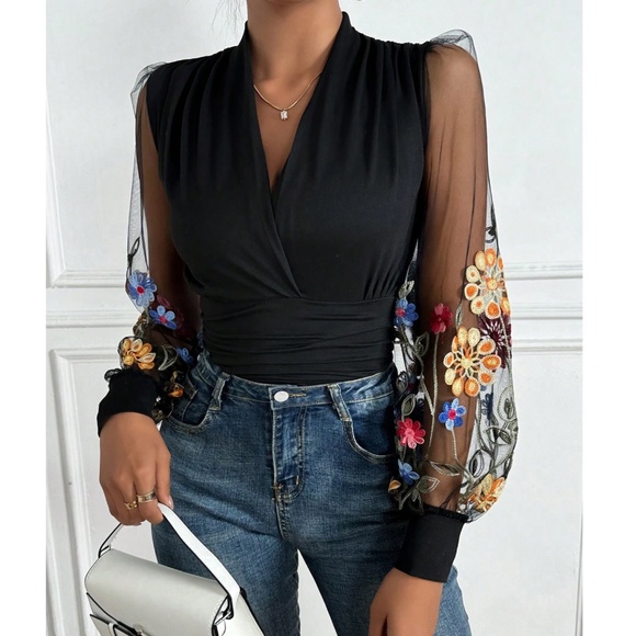 Luxe Floral Crochet V neck Fitted Semi Sheer Long Sleeve Top - Picture 3 of 6
